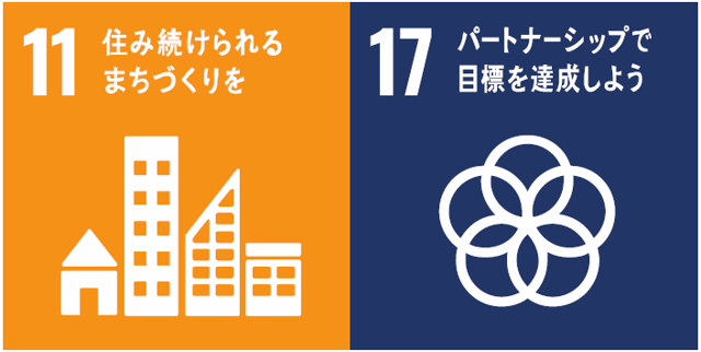 SDGsの取り組み内容2点。11住み続けられるまちづくりを。17パートナーシップで目標を達成しよう